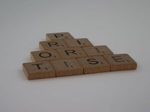 The word 'prioritize' in Scrabble letters.